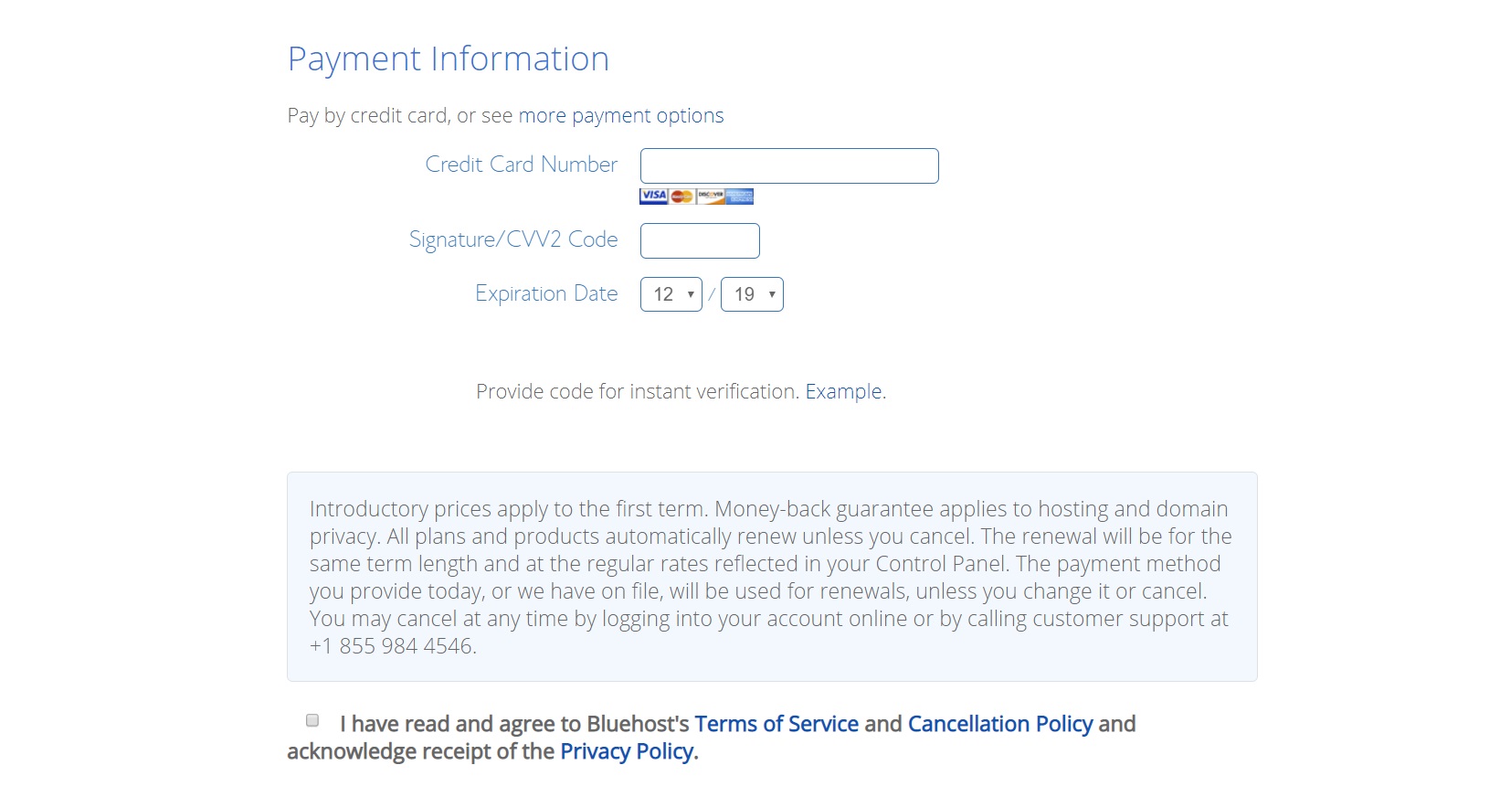 bluehost vps web hosting sign up payment confirmation
